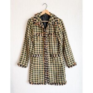 Harris Wallace y2k Vintage Tweed Plaid Fringe Coat Green Yellow Orange Jacket